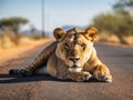 Ai Generated illustration Wildlife Concept of African lioness road block Royalty Free Stock Photo
