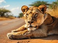 Ai Generated illustration Wildlife Concept of African lioness road block Royalty Free Stock Photo