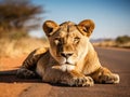 Ai Generated illustration Wildlife Concept of African lioness road block Royalty Free Stock Photo