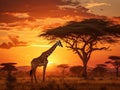 Ai Generated illustration Wildlife Concept of African sunset Baobab Giraffe Royalty Free Stock Photo