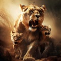 Ai Generated illustration Wildlife Concept of Aggressive lioness with cubs Royalty Free Stock Photo