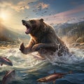 Ai Generated illustration Wildlife Concept of Alaska Brown Grizzly Bear Fishing for Salmon