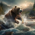 Ai Generated illustration Wildlife Concept of Alaska Brown Grizzly Bear Fishing for Salmon