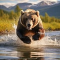 Ai Generated illustration Wildlife Concept of Alaska Brown Grizzly Bear Running Near Creek