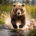 Ai Generated illustration Wildlife Concept of Alaska Brown Grizzly Bear Running Near Creek Royalty Free Stock Photo