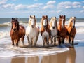 Ai Generated illustration Wildlife Concept of Assateague Wild Ponies on the Beach Royalty Free Stock Photo