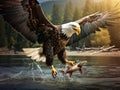 Ai Generated illustration Wildlife Concept of Bald Eagle catching fish in river Royalty Free Stock Photo