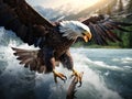 Ai Generated illustration Wildlife Concept of Bald Eagle catching fish in river Royalty Free Stock Photo