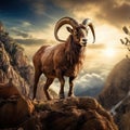 Ai Generated illustration Wildlife Concept of Barbary Sheep on cliff Royalty Free Stock Photo