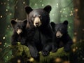 Ai Generated illustration Wildlife Concept of Bear Cub Twins with Mom in a Tree