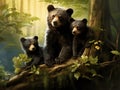 Ai Generated illustration Wildlife Concept of Bear Cub Twins with Mom in a Tree