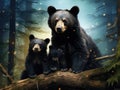 Ai Generated illustration Wildlife Concept of Bear Cub Twins with Mom in a Tree