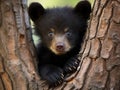 Ai Generated illustration Wildlife Concept of Black Bear Cub Hangs in Tree Royalty Free Stock Photo