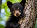 Ai Generated illustration Wildlife Concept of Black Bear Cub Hangs in Tree Royalty Free Stock Photo