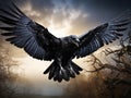 Ai Generated illustration Wildlife Concept of Black crow in flight with spread wings