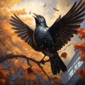 Ai Generated illustration Wildlife Concept of Blackbird Turdus merula looking up isolated Royalty Free Stock Photo