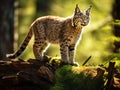 Ai Generated illustration Wildlife Concept of Bobcat feline on tree stump Royalty Free Stock Photo