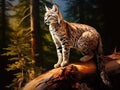 Ai Generated illustration Wildlife Concept of Bobcat feline on tree stump Royalty Free Stock Photo