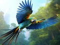 Ai Generated illustration Wildlife Concept of Bright ara parrot flying Royalty Free Stock Photo