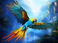 Ai Generated illustration Wildlife Concept of Bright ara parrot flying Royalty Free Stock Photo