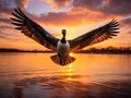 Ai Generated illustration Wildlife Concept of Canadian Goose flying at sunset Royalty Free Stock Photo
