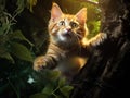 Ai Generated illustration Wildlife Concept of Cat ready to jump from tree Royalty Free Stock Photo