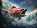 Ai Generated illustration Wildlife Concept of Coho Salmon jumping out of the Pacific Ocean Royalty Free Stock Photo