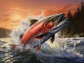 Ai Generated illustration Wildlife Concept of Coho Salmon jumping out of the Pacific Ocean Royalty Free Stock Photo