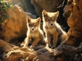 Ai Generated illustration Wildlife Concept of Coyote pups rocks curious pup Royalty Free Stock Photo