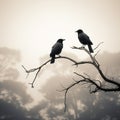 Ai Generated illustration Wildlife Concept of Crows perch on tree top branch