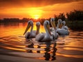 Ai Generated illustration Wildlife Concept of Danube Delta Romania Pelicans at sunset on Lake Fortuna Royalty Free Stock Photo