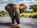 Ai Generated illustration Wildlife Concept of Elephant in river in Serengeti National Park Royalty Free Stock Photo