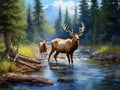 Ai Generated illustration Wildlife Concept of Elk Crossing