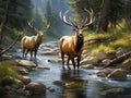 Ai Generated illustration Wildlife Concept of Elk Crossing