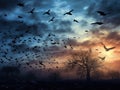 Ai Generated illustration Wildlife Concept of Flock of birds migrating south.