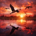 Ai Generated illustration Wildlife Concept of Flying Wild Geese and a Red Sunset Royalty Free Stock Photo