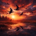 Ai Generated illustration Wildlife Concept of Flying Wild Geese and a Red Sunset Royalty Free Stock Photo