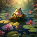 Ai Generated illustration Wildlife Concept of Frog on Lily Pad and Pond Water Nature Wildlife Royalty Free Stock Photo