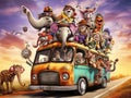 Ai Generated illustration Wildlife Concept of Funny Wildlife Animals Road Trip isolated