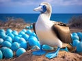 Ai Generated illustration Wildlife Concept of Galapagos Blue Footed Booby and eggs Royalty Free Stock Photo