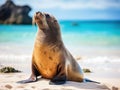 Ai Generated illustration Wildlife Concept of Galapagos sea lion pose wide Royalty Free Stock Photo