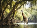 Ai Generated illustration Wildlife Concept of Giraffe feeding