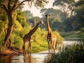 Ai Generated illustration Wildlife Concept of Giraffes Murchison Falls National Park (Uganda)