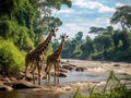 Ai Generated illustration Wildlife Concept of Giraffes Murchison Falls National Park (Uganda)