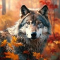 Ai Generated illustration Wildlife Concept of Gray wolf in autumn setting Royalty Free Stock Photo