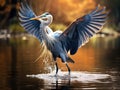 Ai Generated illustration Wildlife Concept of Great Blue Heron walking with wings open Royalty Free Stock Photo