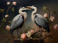 Ai Generated illustration Wildlife Concept of Great Blue Herons exchanging twig