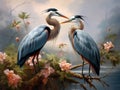 Ai Generated illustration Wildlife Concept of Great Blue Herons exchanging twig