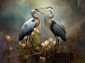 Ai Generated illustration Wildlife Concept of Great Blue Herons exchanging twig