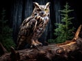 Ai Generated illustration Wildlife Concept of Great Horned Owl Standing on a Tree Log Royalty Free Stock Photo